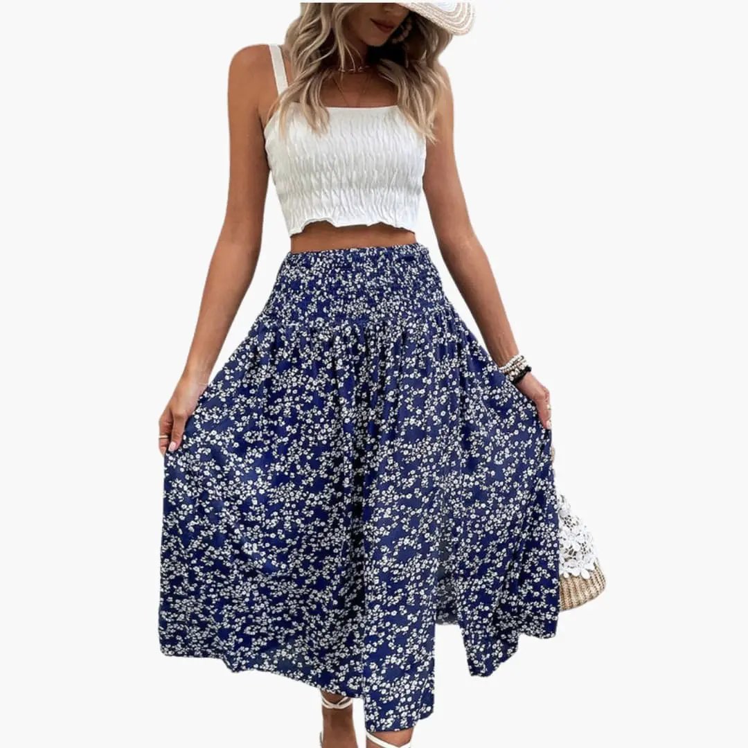 Women's A-Line navy floral-print skirt with a side-slit.