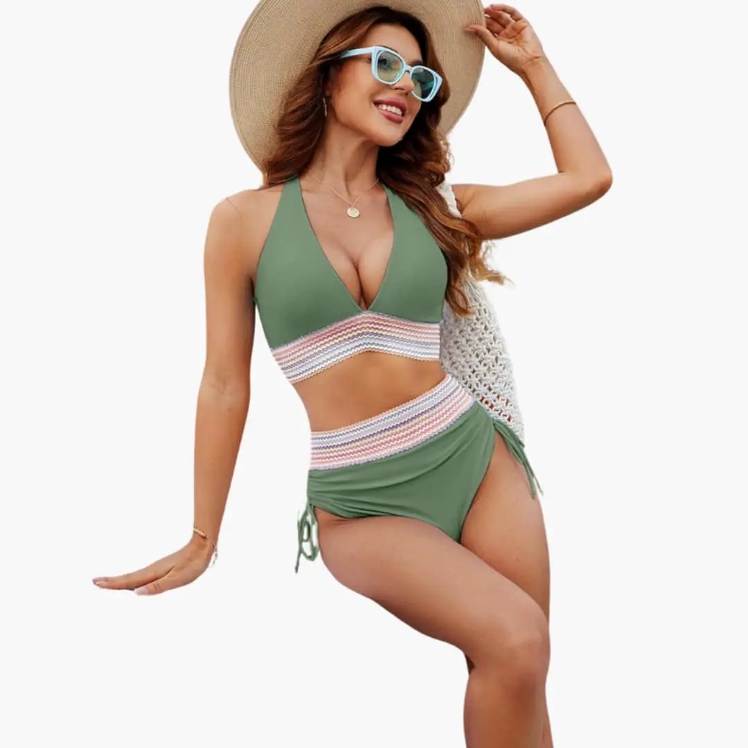 Women's adjustable two-piece bikini set with tie-side bottom by Wilfred Smith in green, classic bikini style