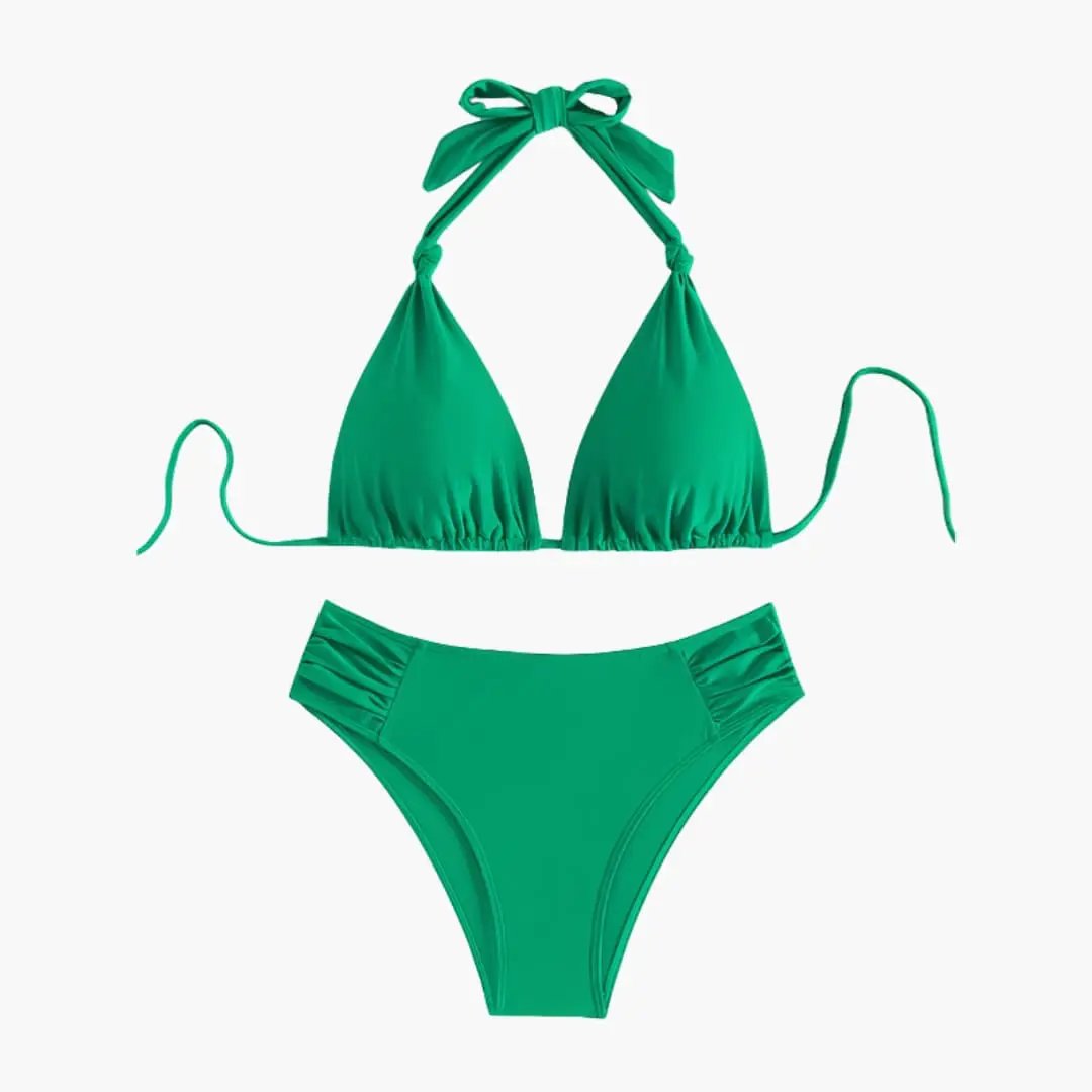 Women’s Bandeau high-waisted bikini set with removable straps in emerald green by Wilfred Smith