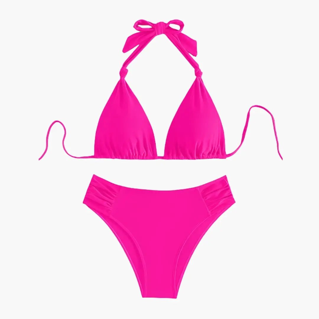 Women’s Bandeau High-Waisted Bikini Set in neon pink with removable straps