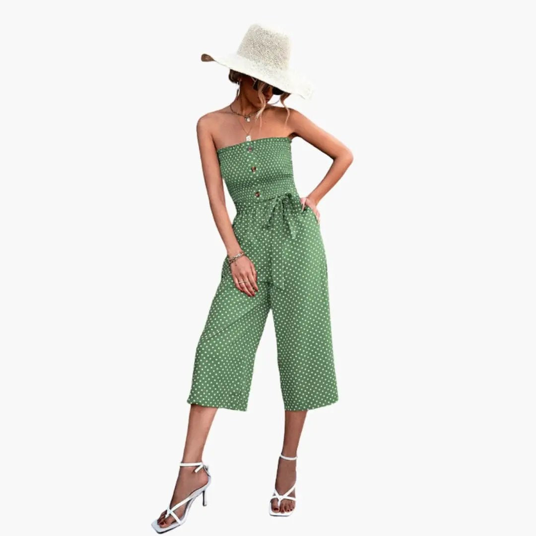 Wilfred Smith women's bandeau jumpsuit with pockets, green polka dot, sleeveless one-piece
