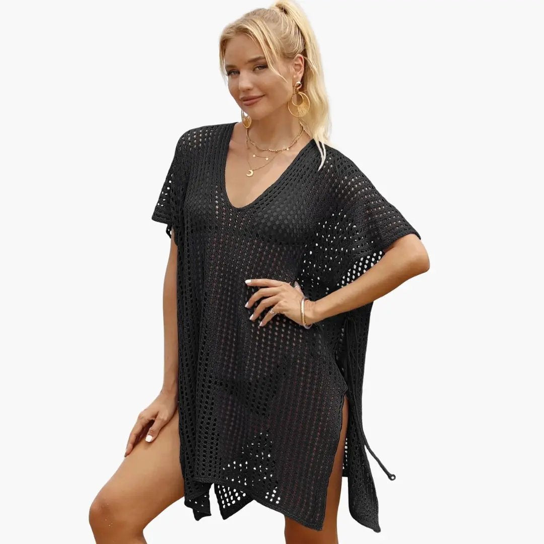 Women’s Beach Blouse black crochet knit with V-neck and long sleeves, flowy cover-up