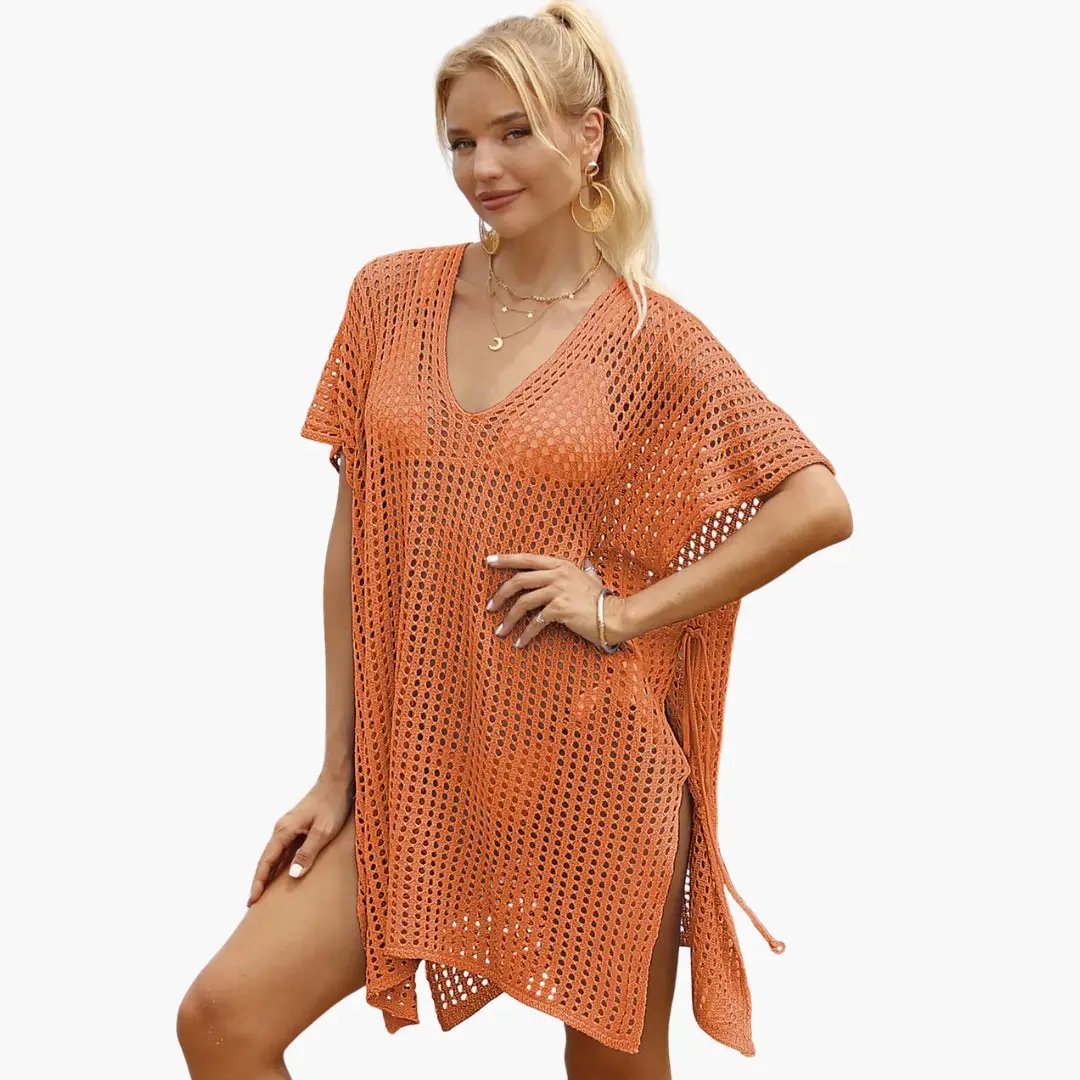 Women's beach blouse with V-neck, orange crochet-knit, short-sleeve, sheer cover-up