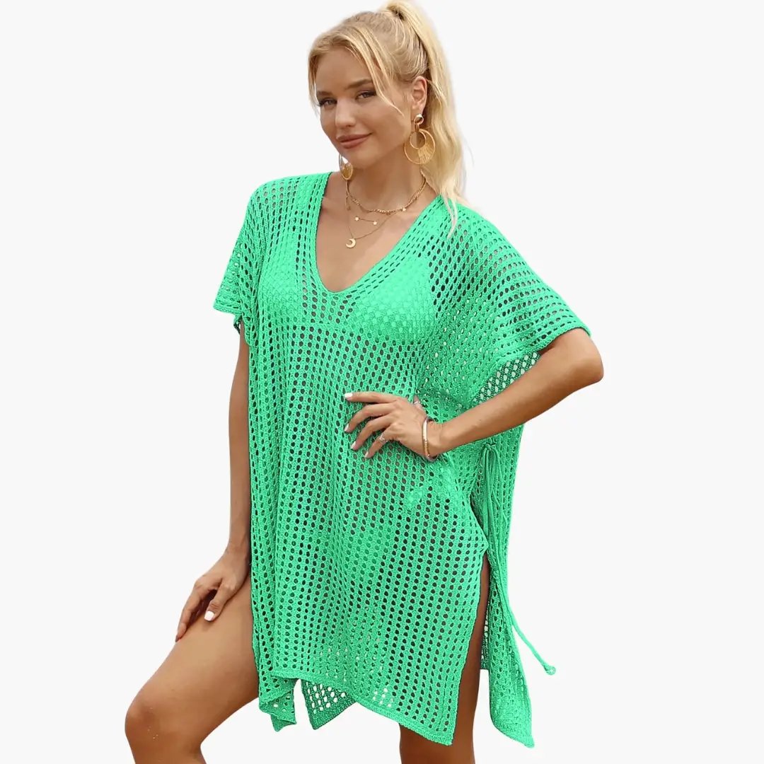 Women's beach blouse neon green mesh with V-neck by Wilfred Smith, blouse