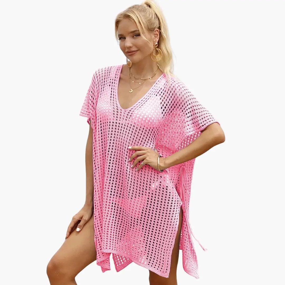 Women’s beach blouse in pink crochet mesh with a V-neck by Wilfred Smith