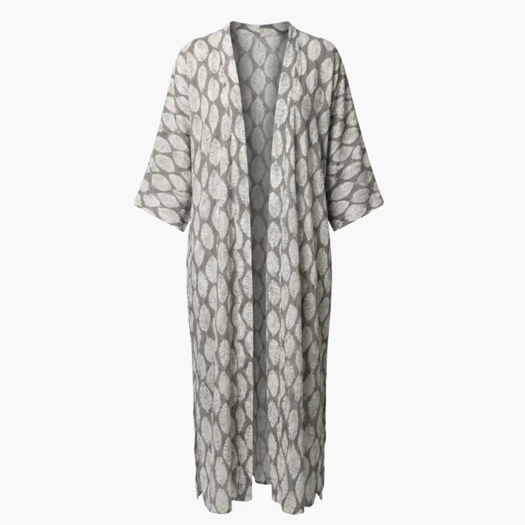 Women's beach cover-up with V-neck and sleeves, gray leaf-patterned Wilfred Smith kimono.