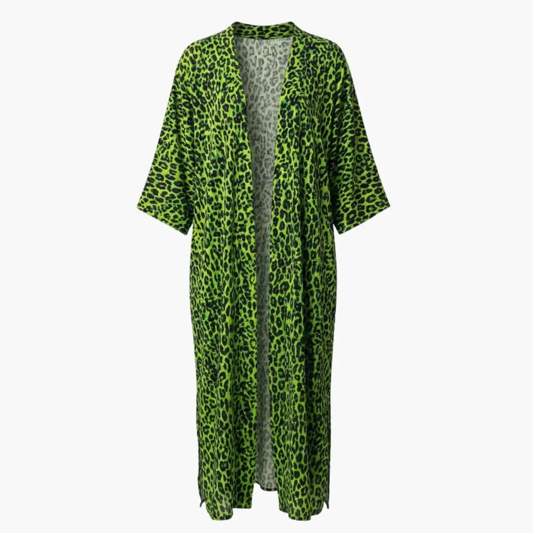 Women’s Beach Cover Up by Wilfred Smith in neon green leopard print with V-neck and open-front kimono sleeves