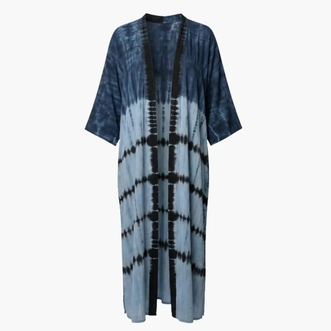 Women's beach cover-up by Wilfred Smith with a V-neck and loose sleeves in blue tie-dye.