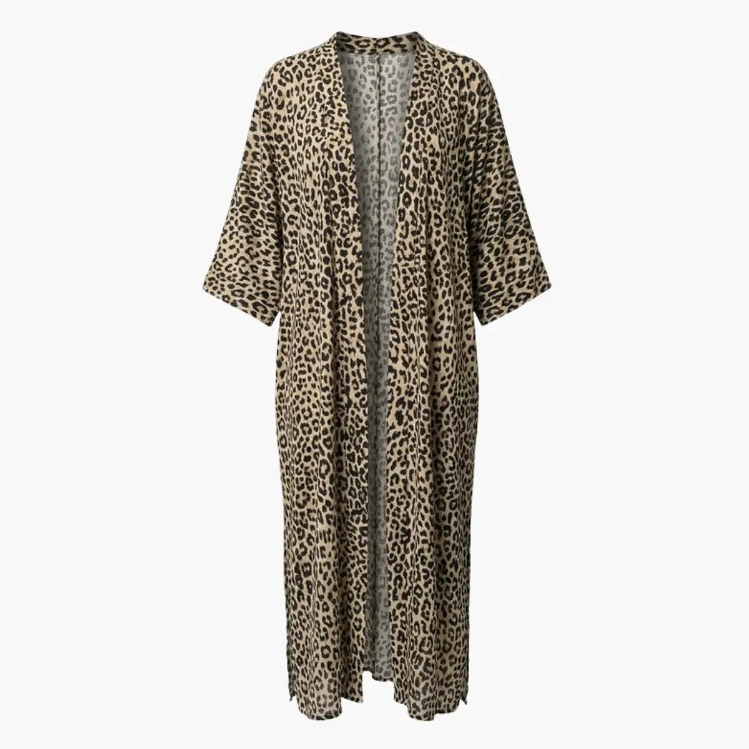 Women's leopard print beach cover-up with V-neck and wide sleeves