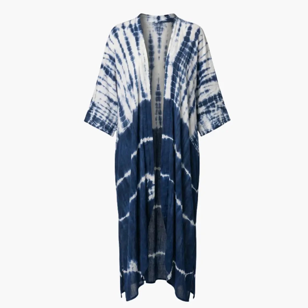Women's Beach Cover Up with V Neck and Sleeves in blue and white tie-dye, long kimono-style.