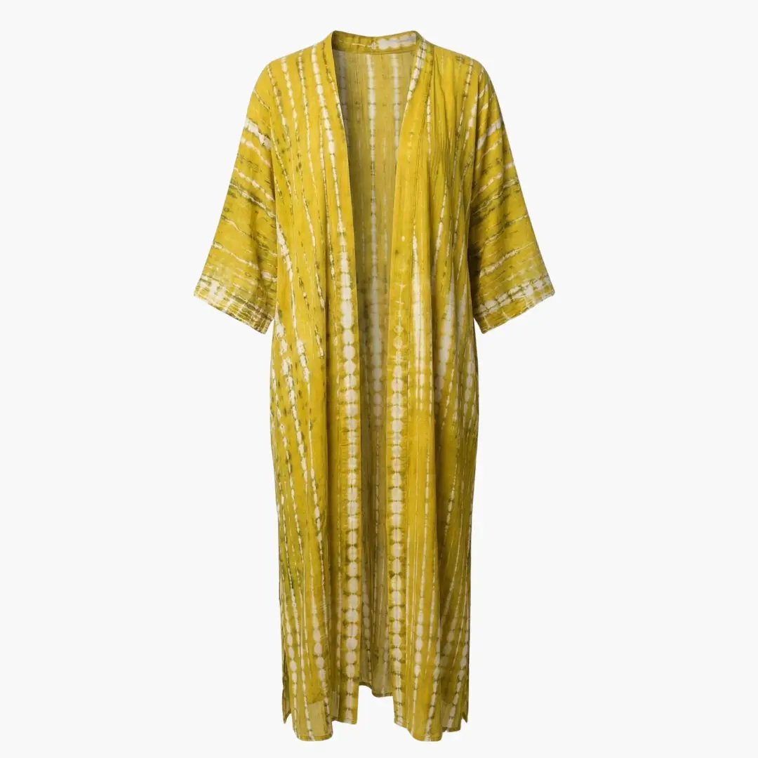 Women’s Wilfred Smith yellow tie-dye beach cover-up, long kimono with V-neck and wide sleeves.