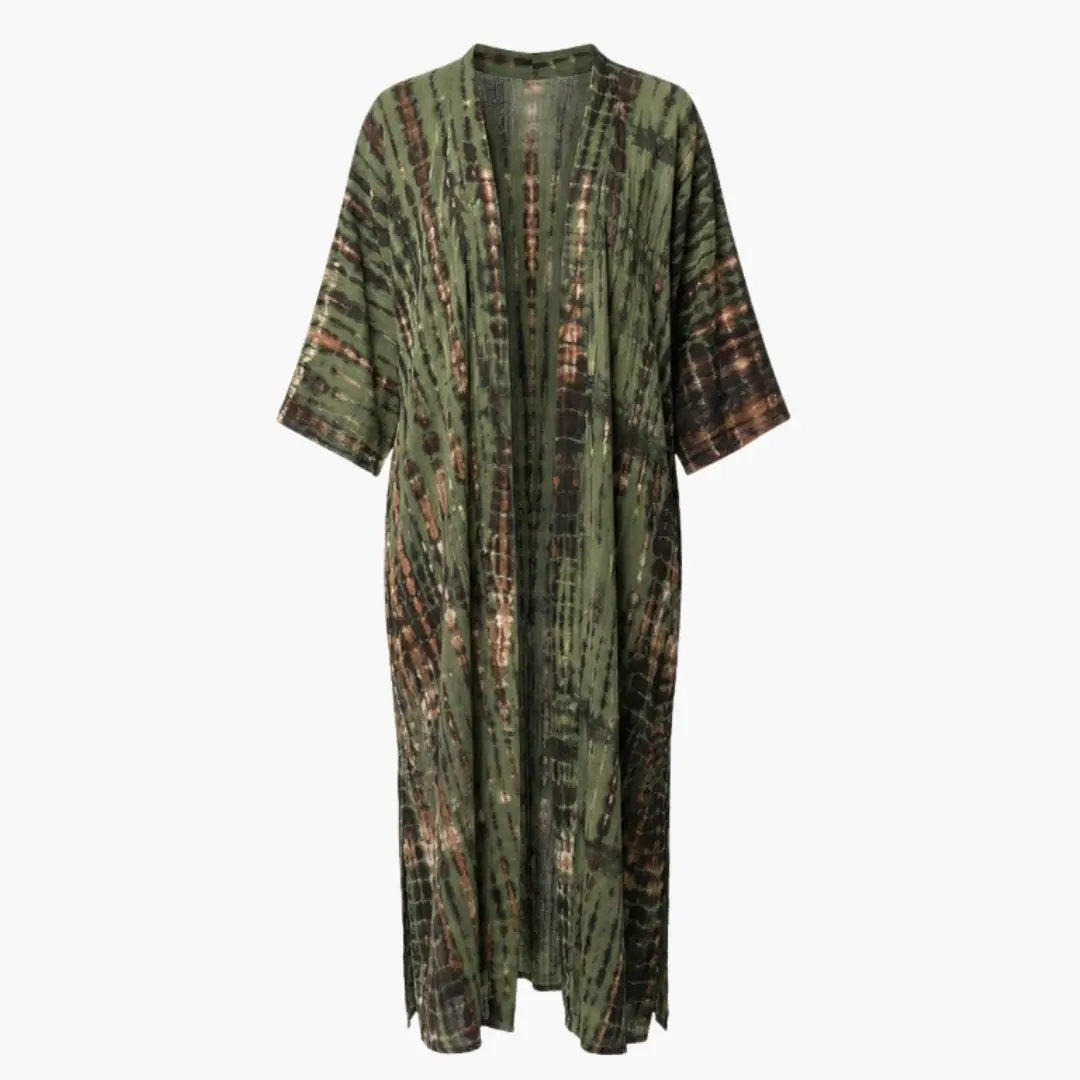 Women's Beach Cover Up with V-Neck and Sleeves in green tie-dye pattern by Wilfred Smith