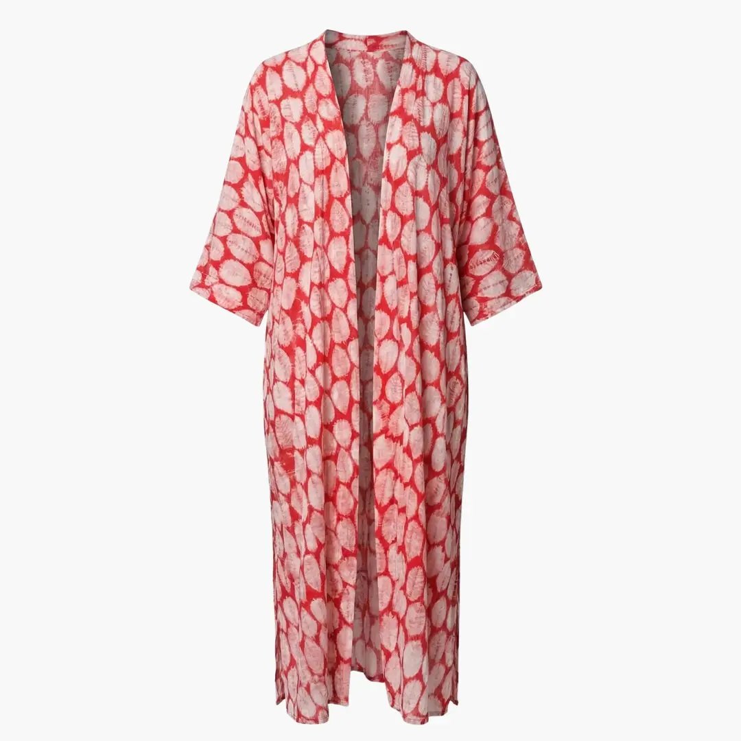 Wilfred Smith Women’s Beach Cover Up with V-Neck and Sleeves, red and white tie-dye print, long open-front cover up