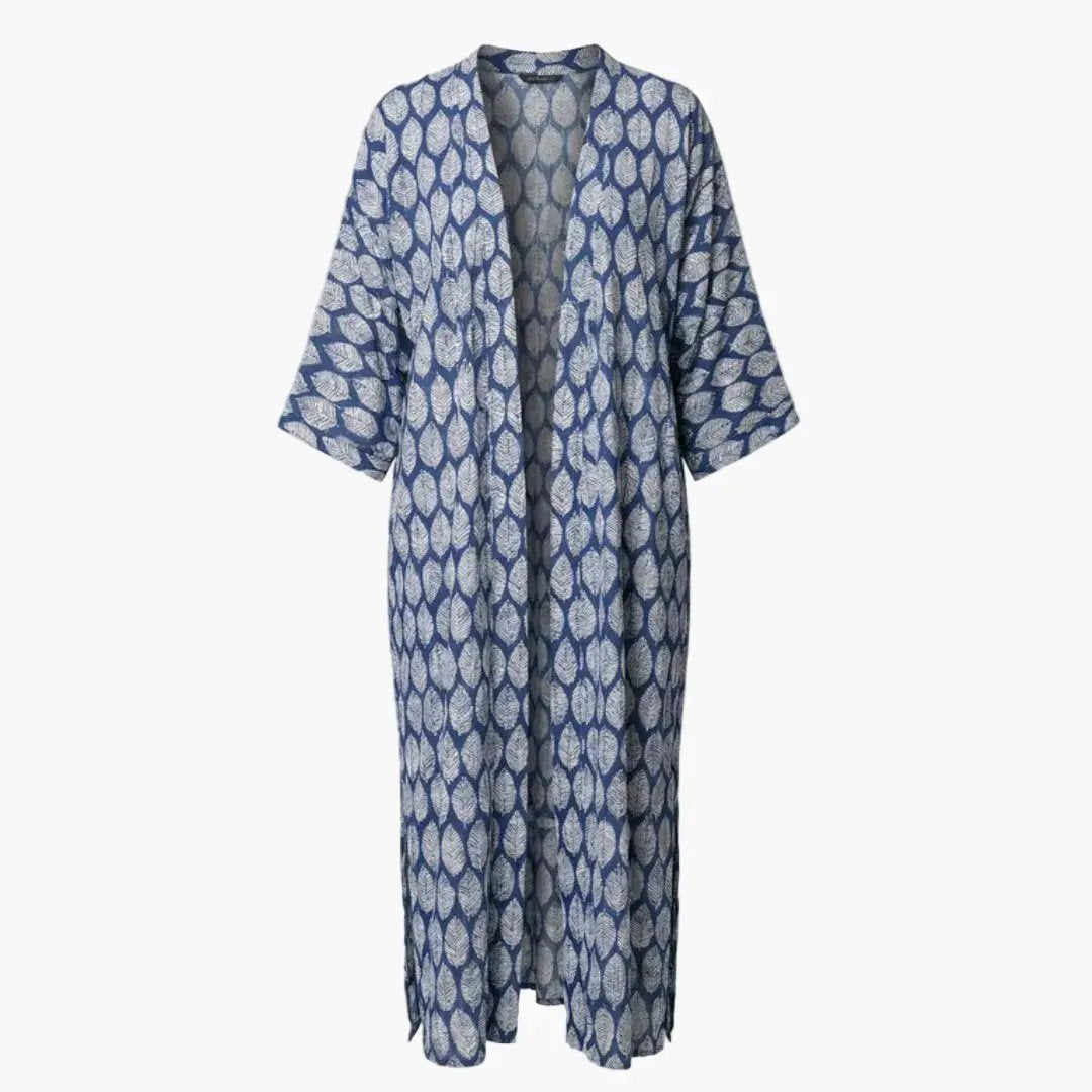 Women’s beach cover up in blue with white leaf pattern, V-neck and wide sleeves