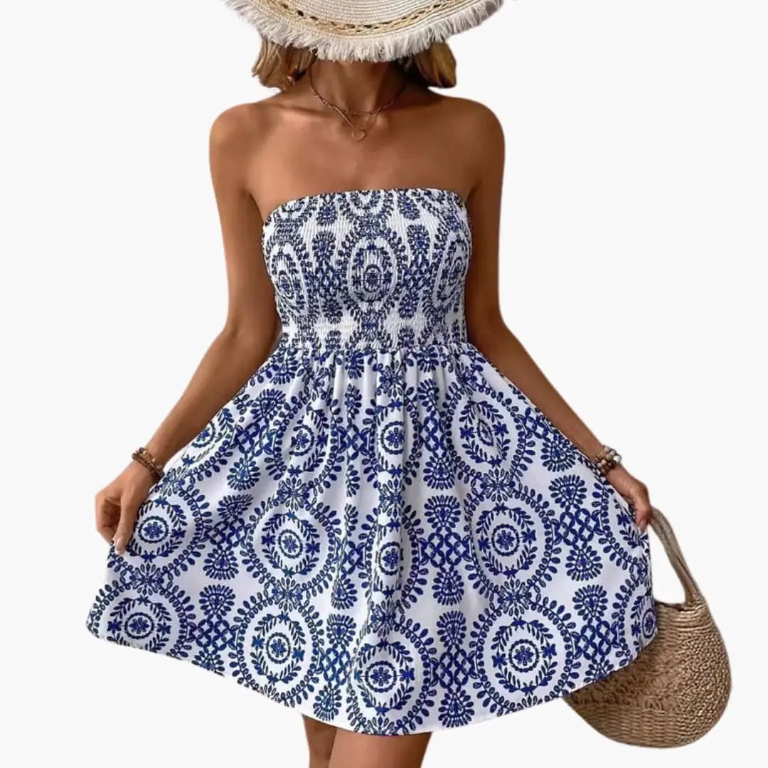 Women's Beach Dress with Elastic Bodice and Flared Hem in blue-and-white pattern