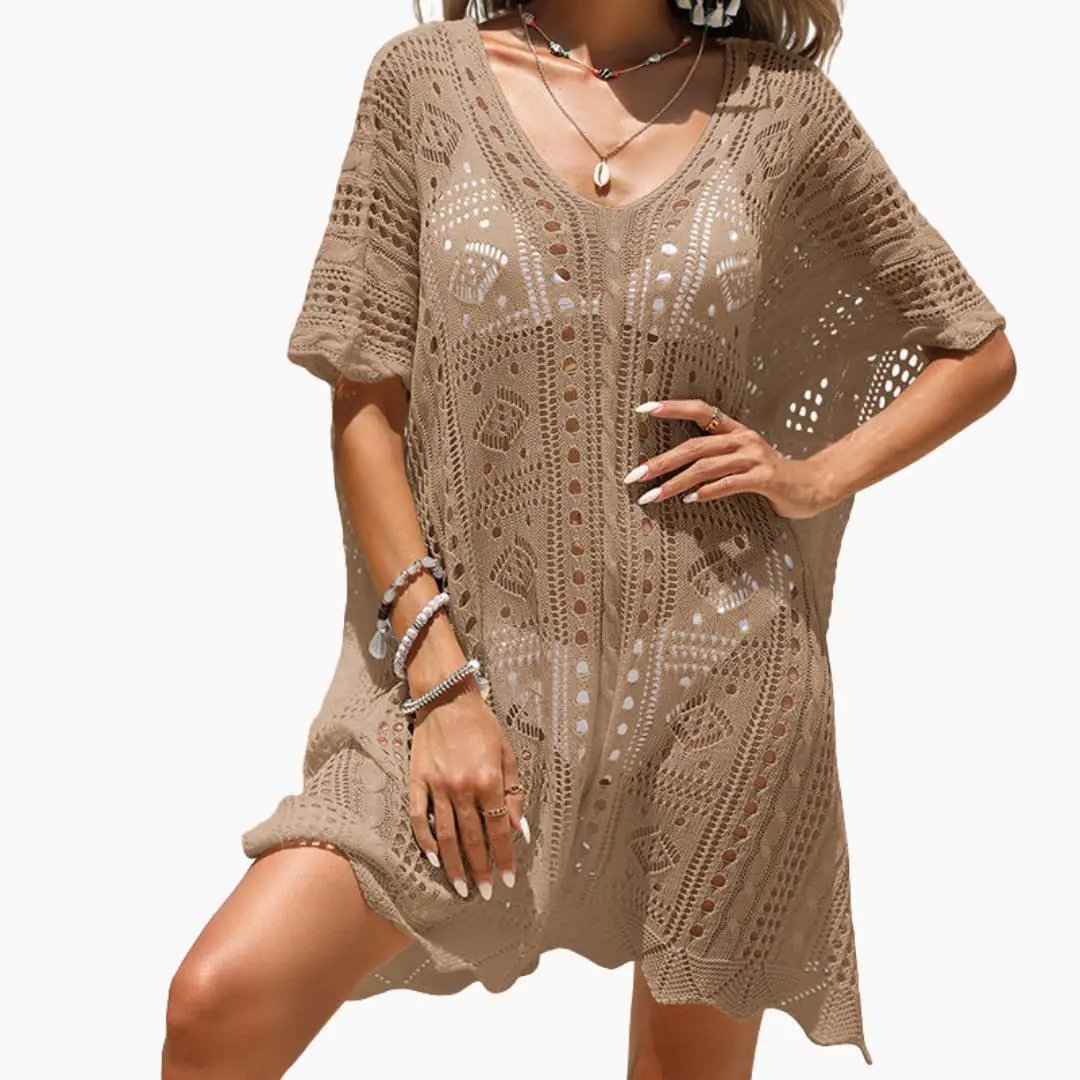 Women’s beige crochet beach dress with V-neck and short sleeves