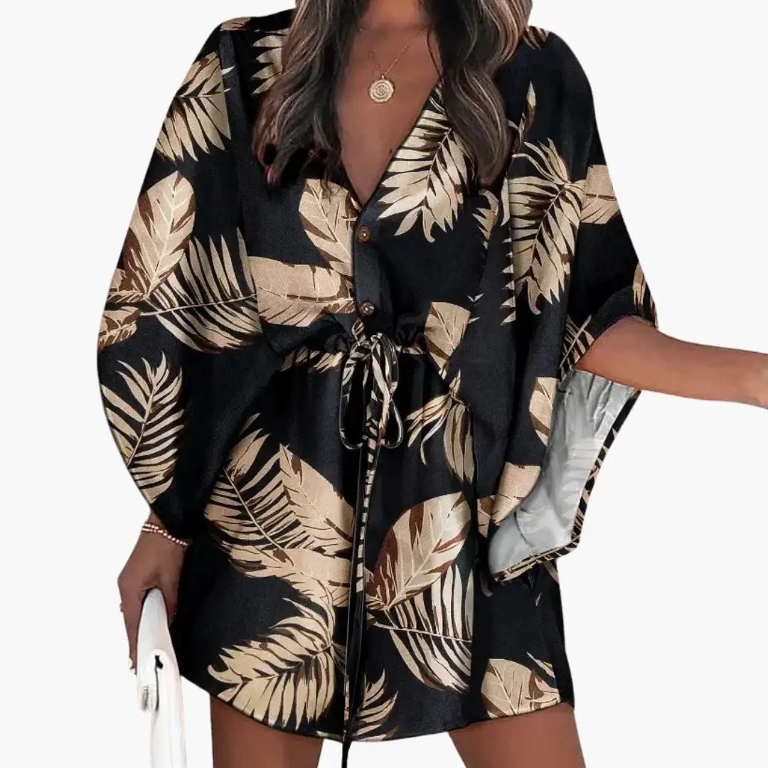 Women's Beach Dress with waist tie and button front, black with tan palm leaf print by Wilfred Smith