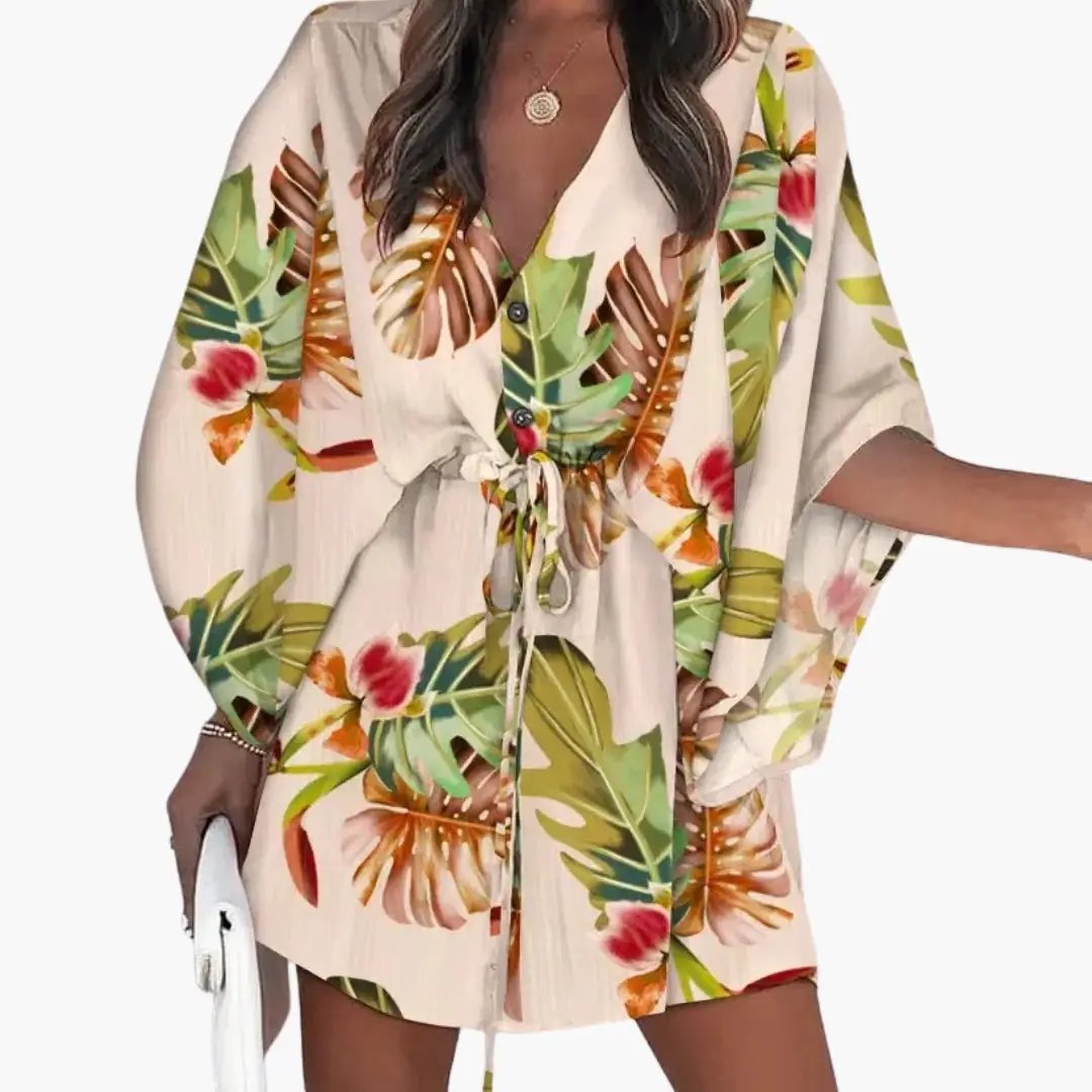 Women's beach dress with tropical floral print, waist tie, button front by Wilfred Smith