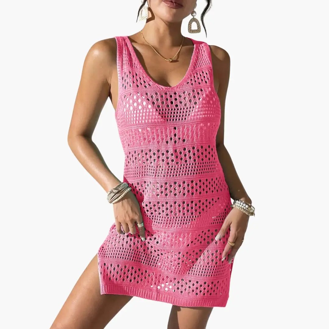 Women's pink crochet beach sarong with V-neck lace pattern, a summer cover-up.