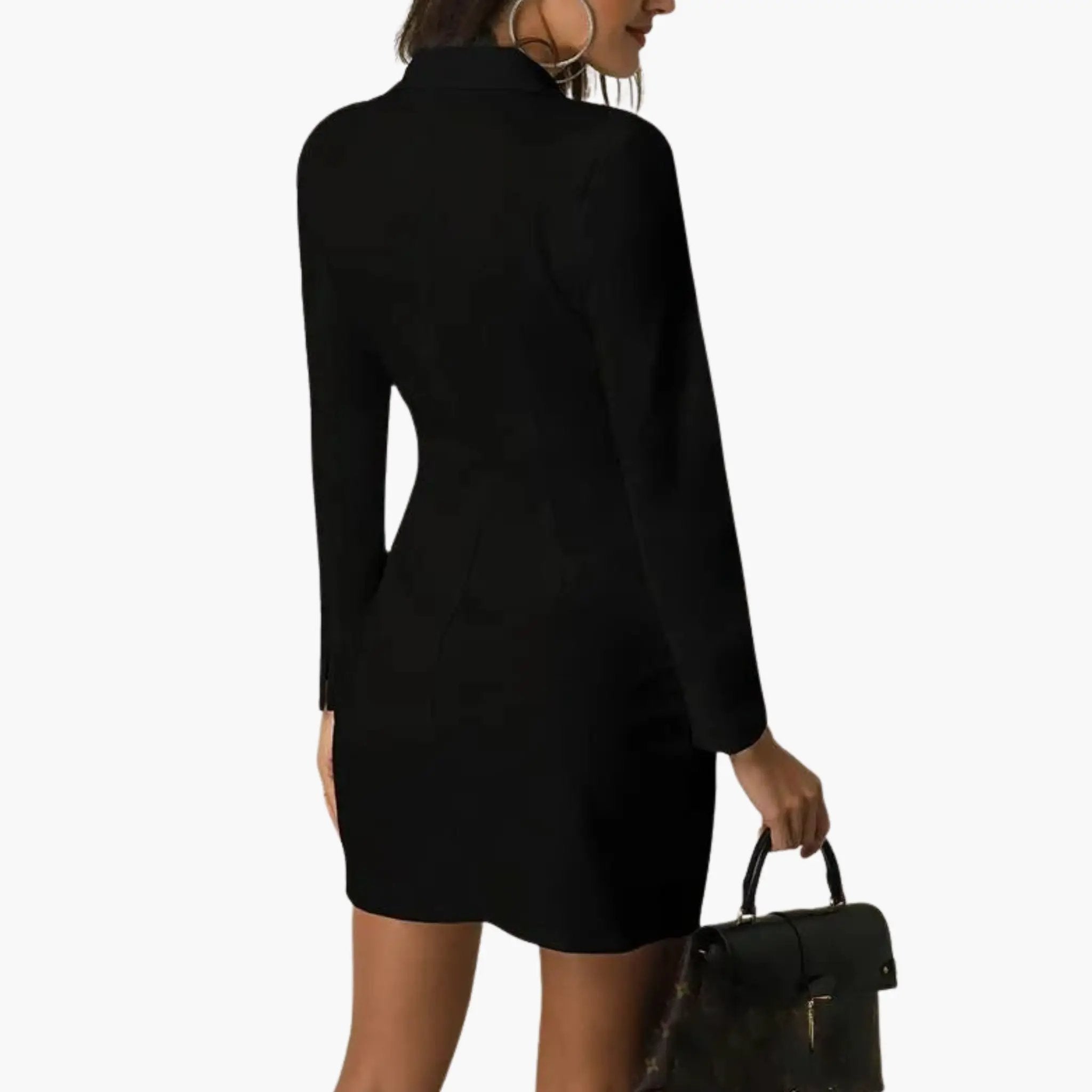 Women’s blazer dress in black, mini length with long sleeves, back view