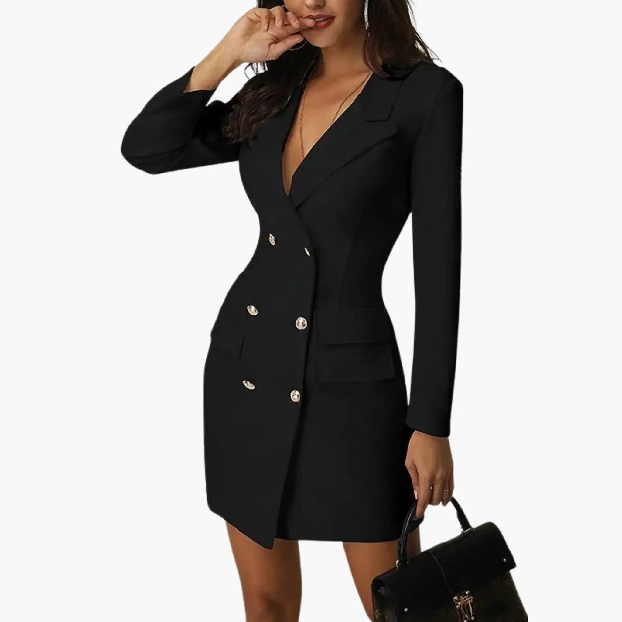 Women’s blazer dress by Wilfred Smith, black mini with double-button front and lapels