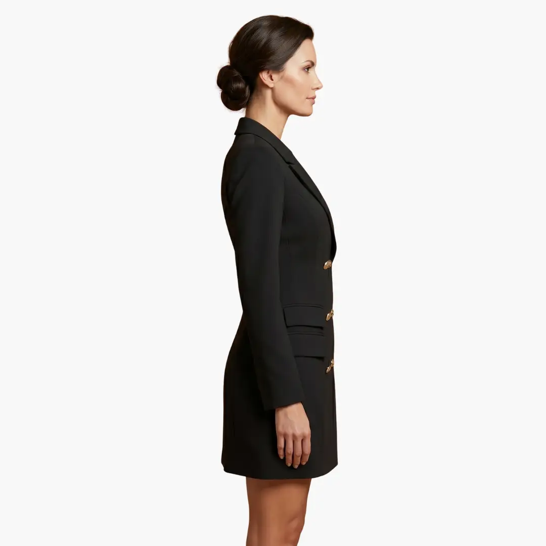 Women’s blazer dress by Wilfred Smith in black with gold-tone double-button front