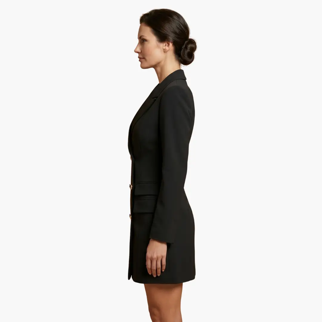 Women’s blazer dress by Wilfred Smith, black mini dress with double-button front and lapels.