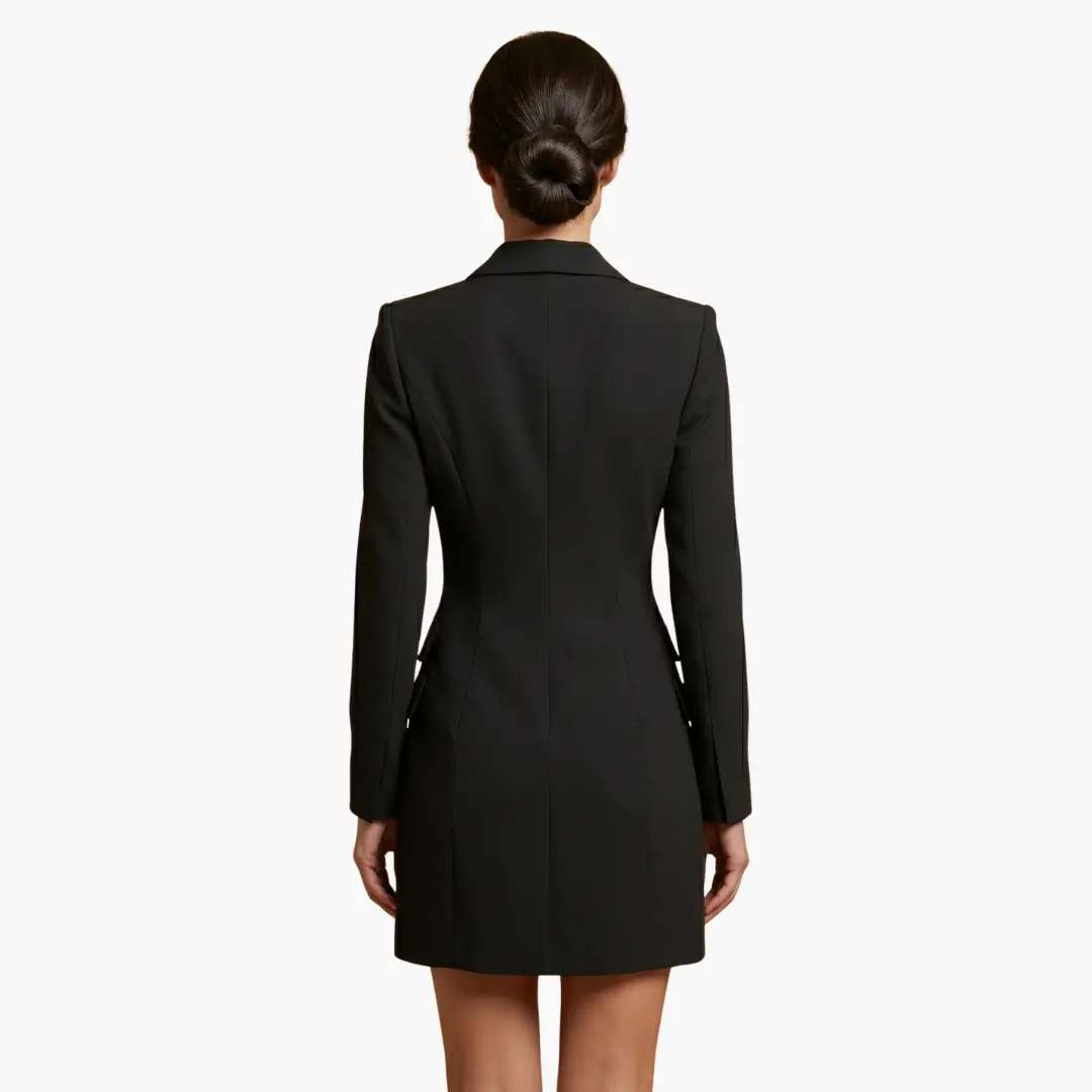 Women’s blazer dress, black mini length with lapels and double-button front (back view)