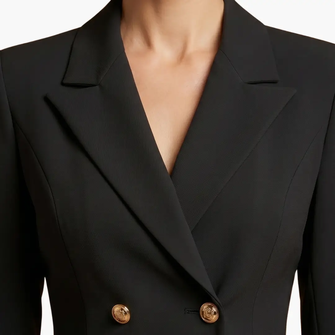 Women's black blazer dress with double-button front, lapels, and gold-tone buttons