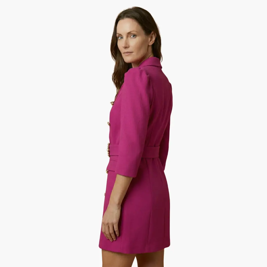 Women’s blazer dress by Wilfred Smith in magenta with notched collar, button front and belt