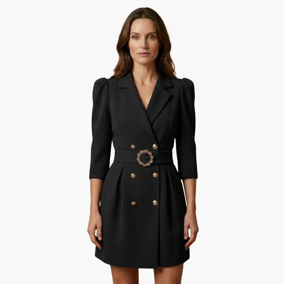 Women’s black blazer dress with notched collar, double-breasted gold buttons, and circular-buckle belt