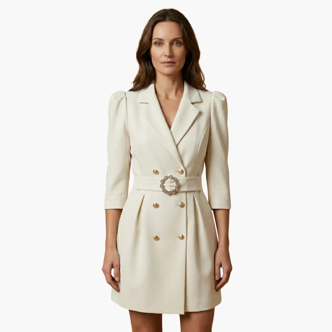 Wilfred Smith Women’s blazer dress in cream with notched collar, front gold buttons, and embellished belt buckle.