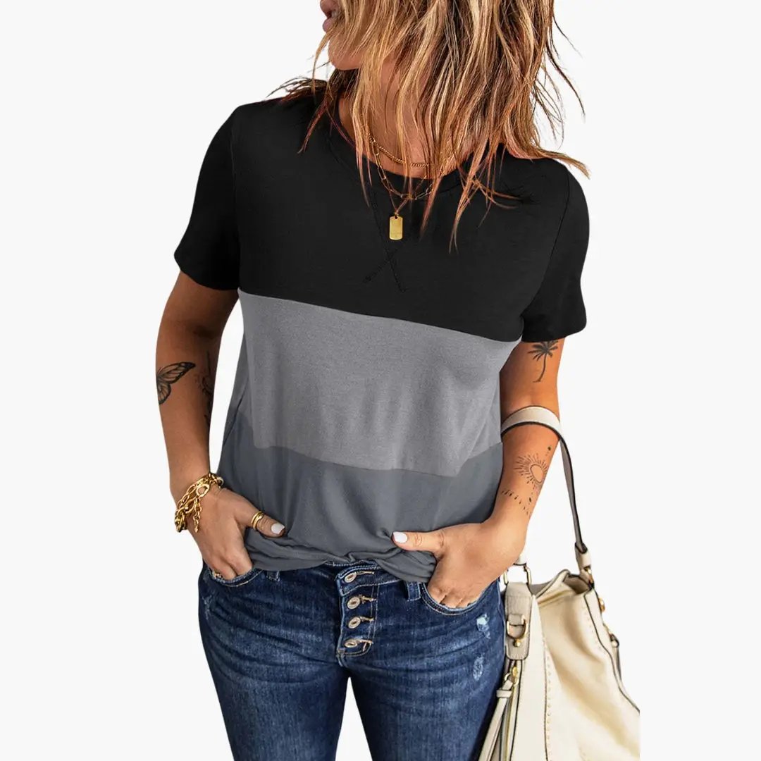 Women’s Block Design Short Sleeve T-Shirt by Wilfred Smith, black gray color-block.
