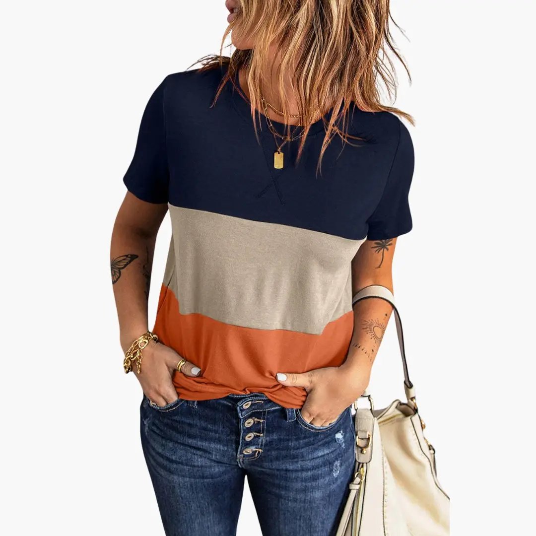 Women’s Block Design Short Sleeve T-Shirt by Wilfred Smith in navy, beige and orange color-block