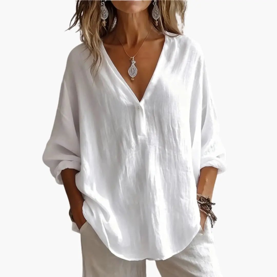 Wilfred Smith women's white blouse with rolled sleeves, relaxed fit.