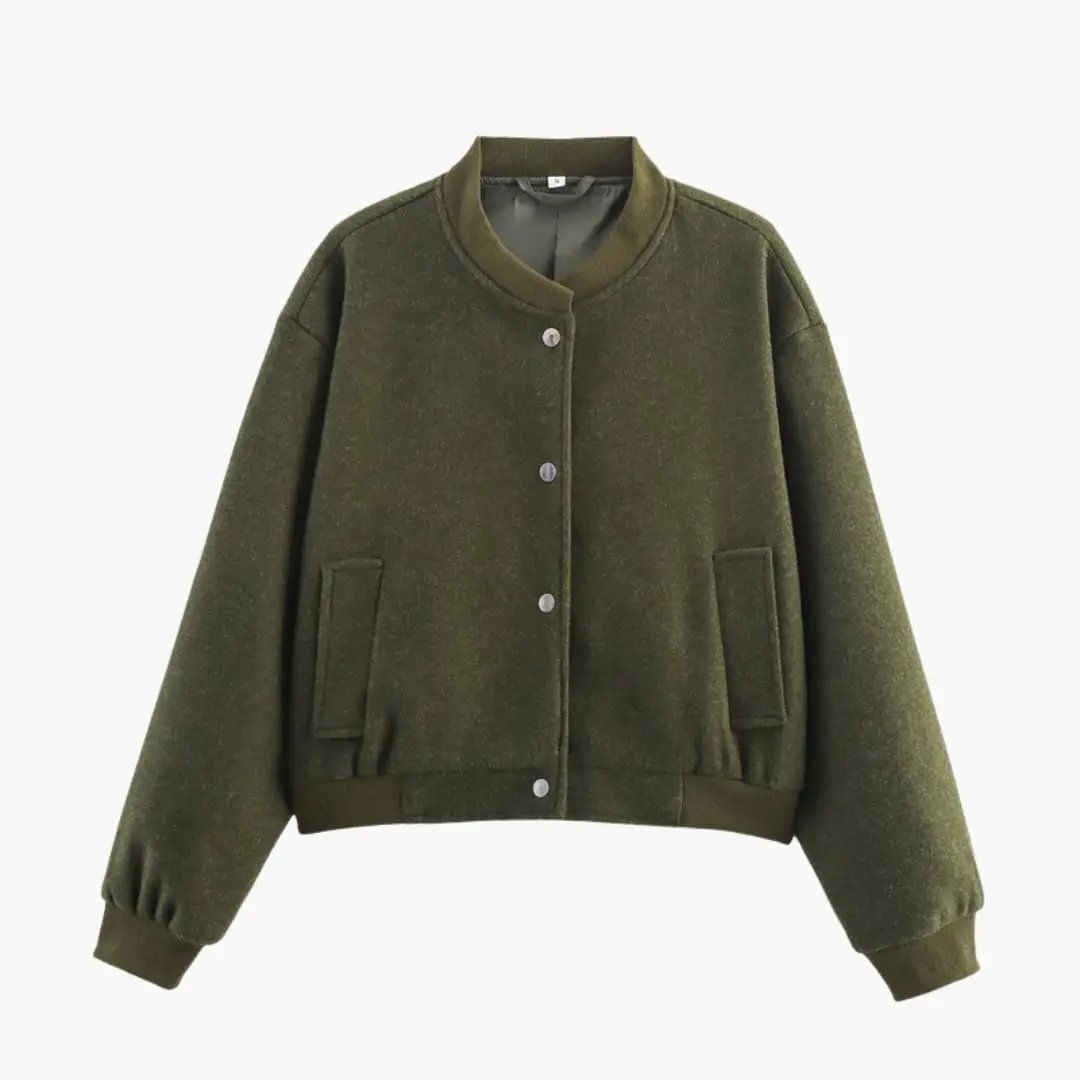 Women's bomber jacket olive green with elastic hem and front pockets by Wilfred Smith
