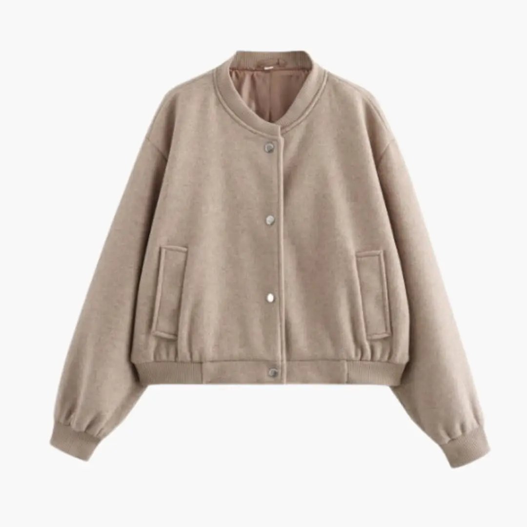 Women's bomber jacket in beige with elastic hem and cuffs, front pockets, snap-button closure