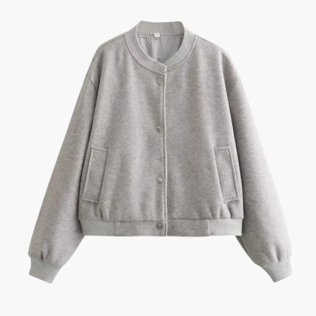 Women’s bomber jacket by Wilfred Smith with elastic hem and side pockets in gray