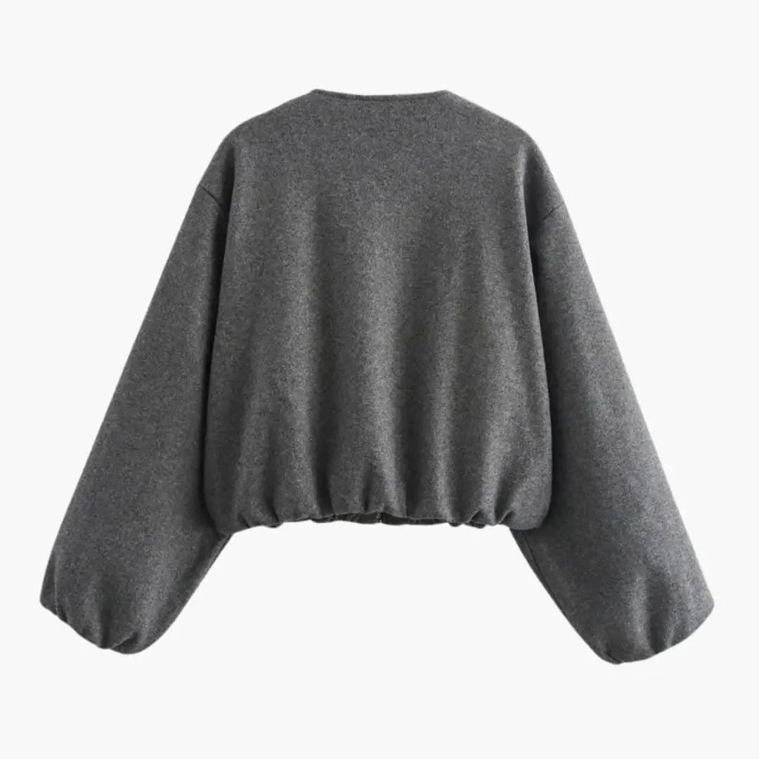 Women’s Bomber Jacket cropped gray knit with elastic hem and puff sleeves.
