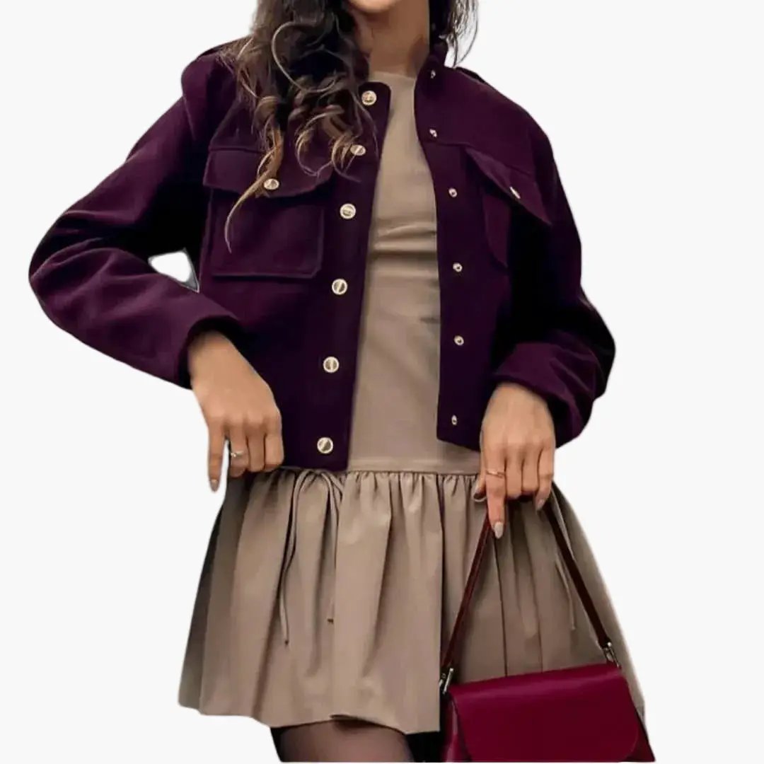 Women’s bomber jacket in burgundy with gold snaps, chest pockets and O-neck silhouette