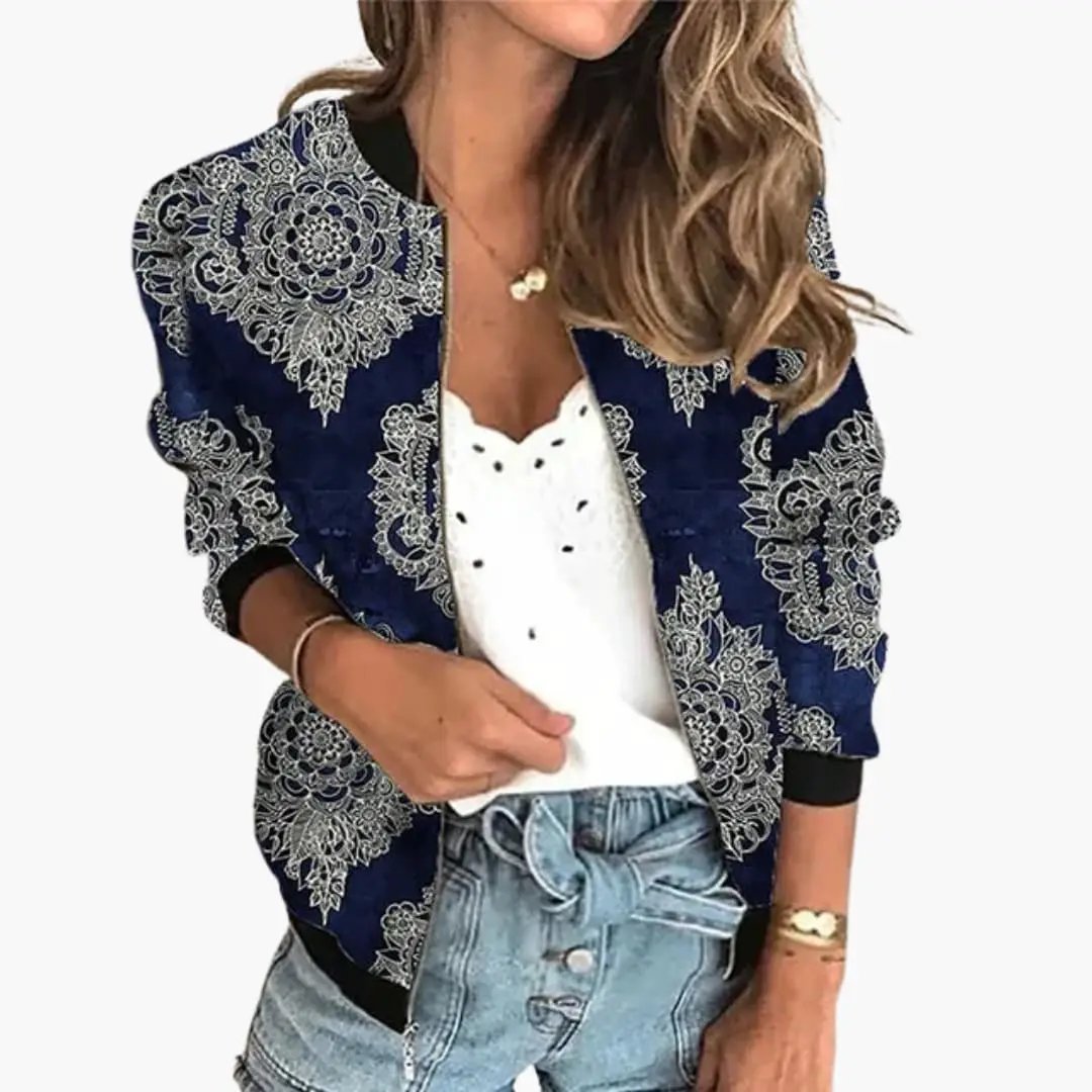 Women's bomber jacket by Wilfred Smith in navy with white printed pattern