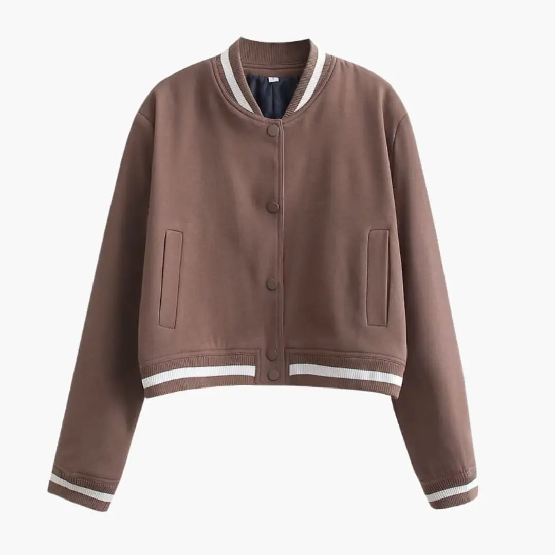 Women’s bomber jacket in brown with zip front, front pockets, and striped ribbed cuffs and hem.