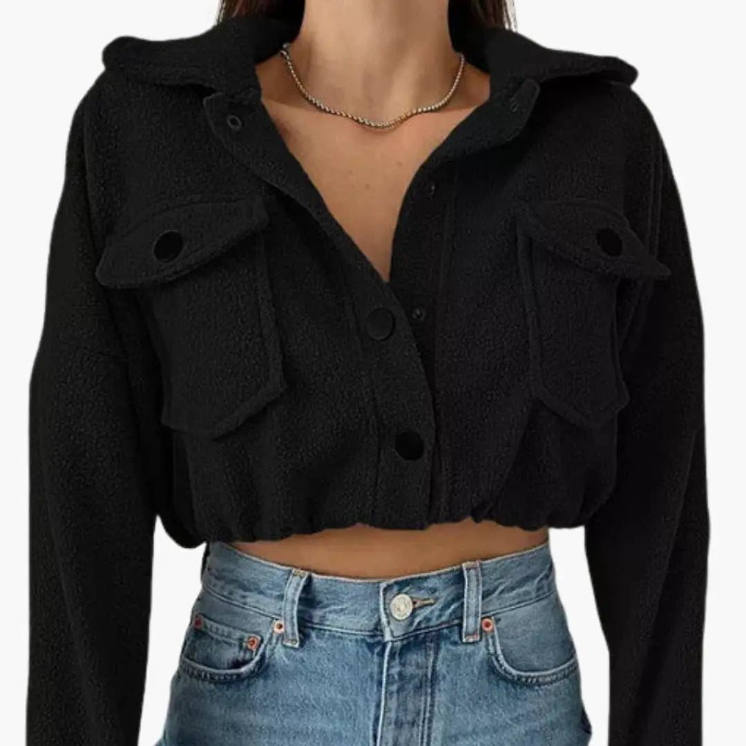 Wilfred Smith Women’s cropped black fleece bomber jacket with front button closure and pocket flaps
