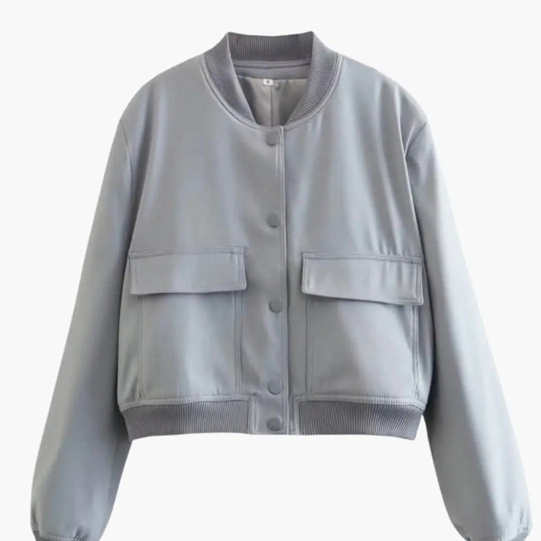 Wilfred Smith Women’s bomber jacket, light gray-blue with zipper, elastic cuffs, cropped hem, two front flap pockets