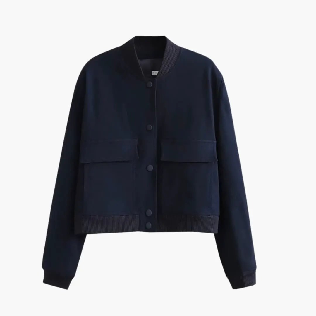 Women's bomber jacket, Wilfred Smith, navy blue, front button closure, ribbed cuffs and hem, two flap pockets