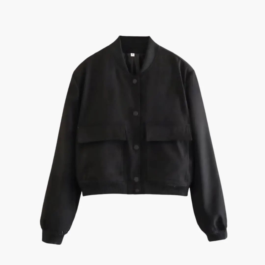 Women's bomber jacket, black cropped style with flap pockets, button front, and elastic cuffs.