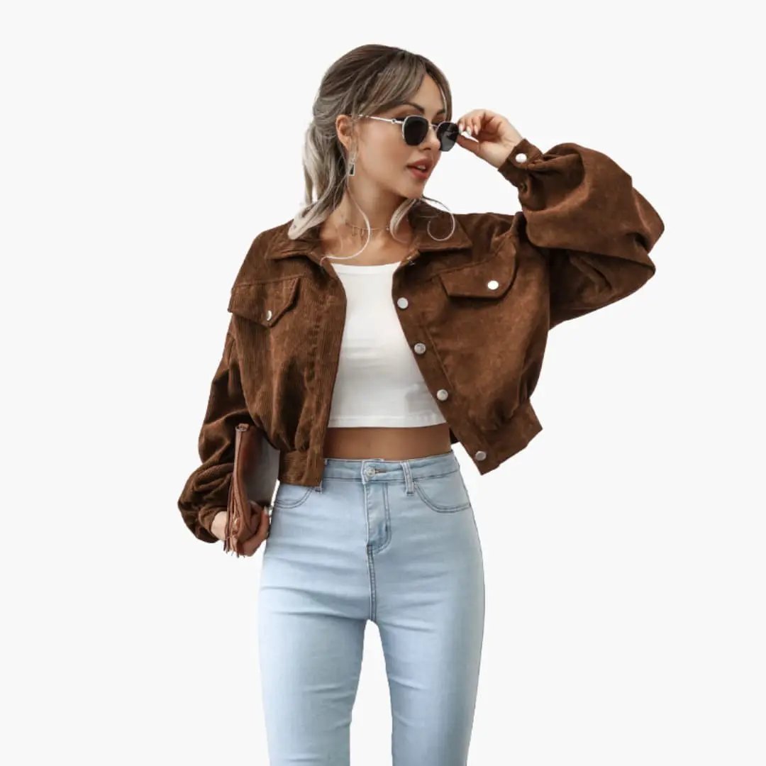 Women's bomber jacket by Wilfred Smith in brown suede with zipper and pockets.