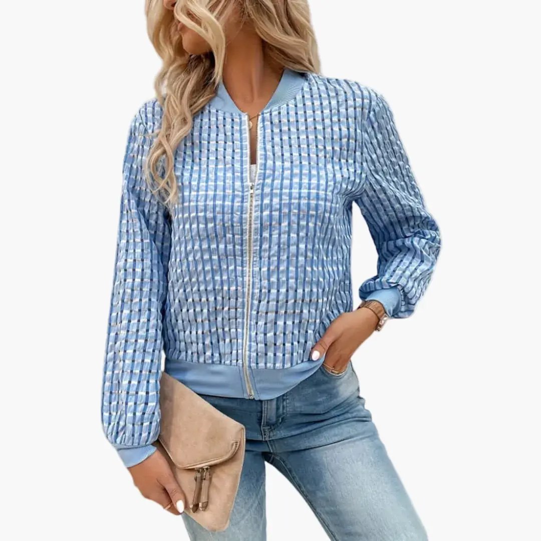 Women's bomber jacket with zipper and textured blue check pattern, ribbed cuffs and hem.