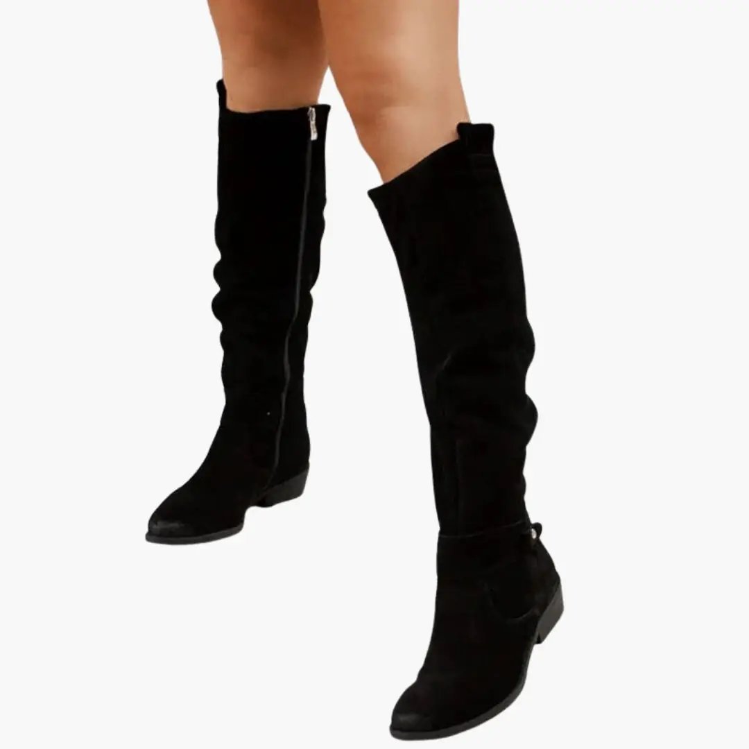 Women’s knee-high black boots with side zipper and low heel.