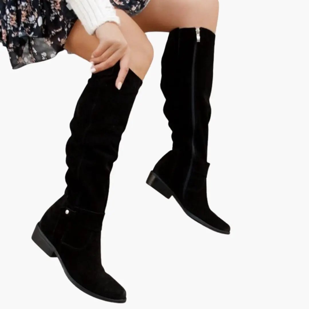 Women's knee-high black boots with side zipper and low heel
